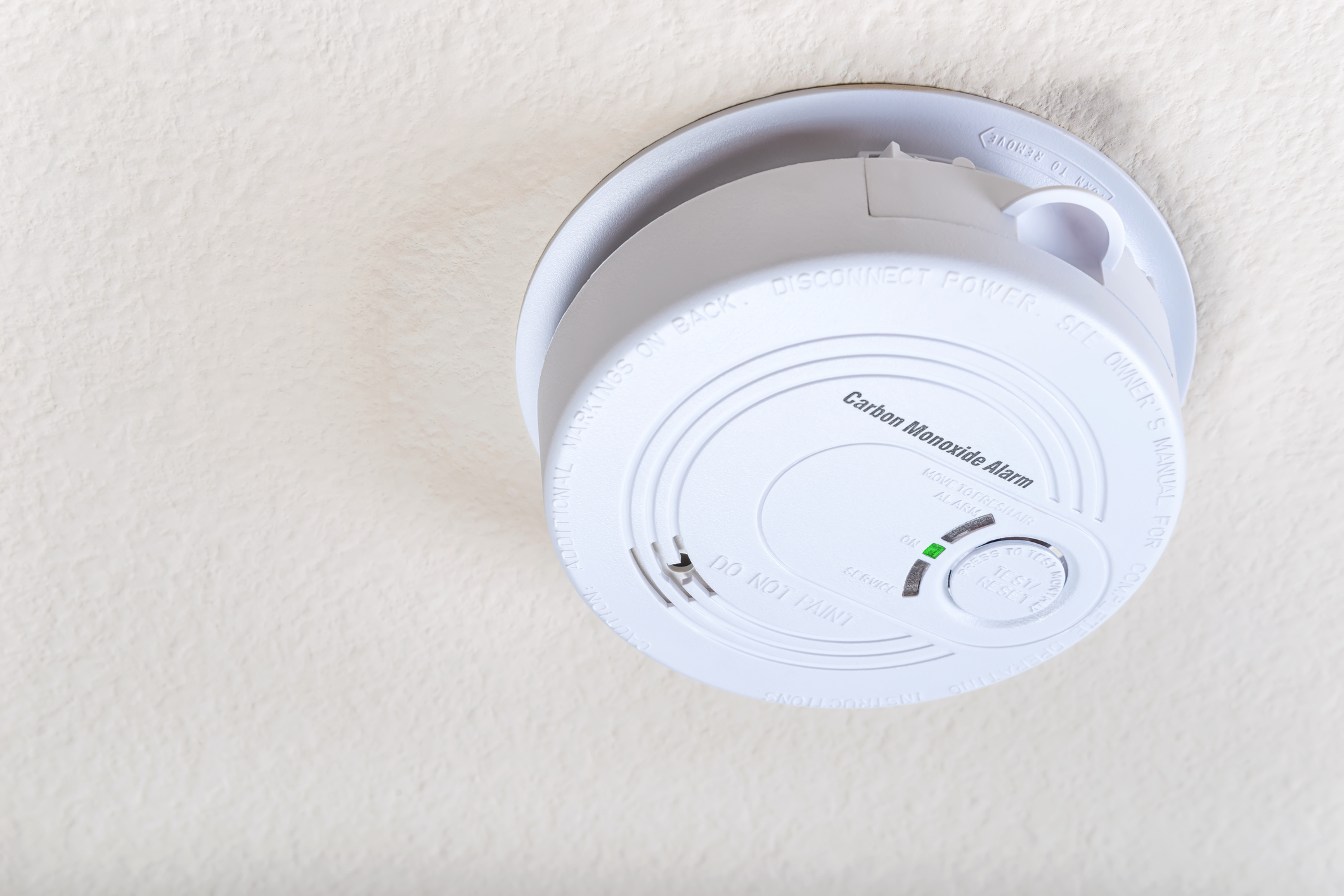 Carbon monoxide alarm mounted on the ceiling
