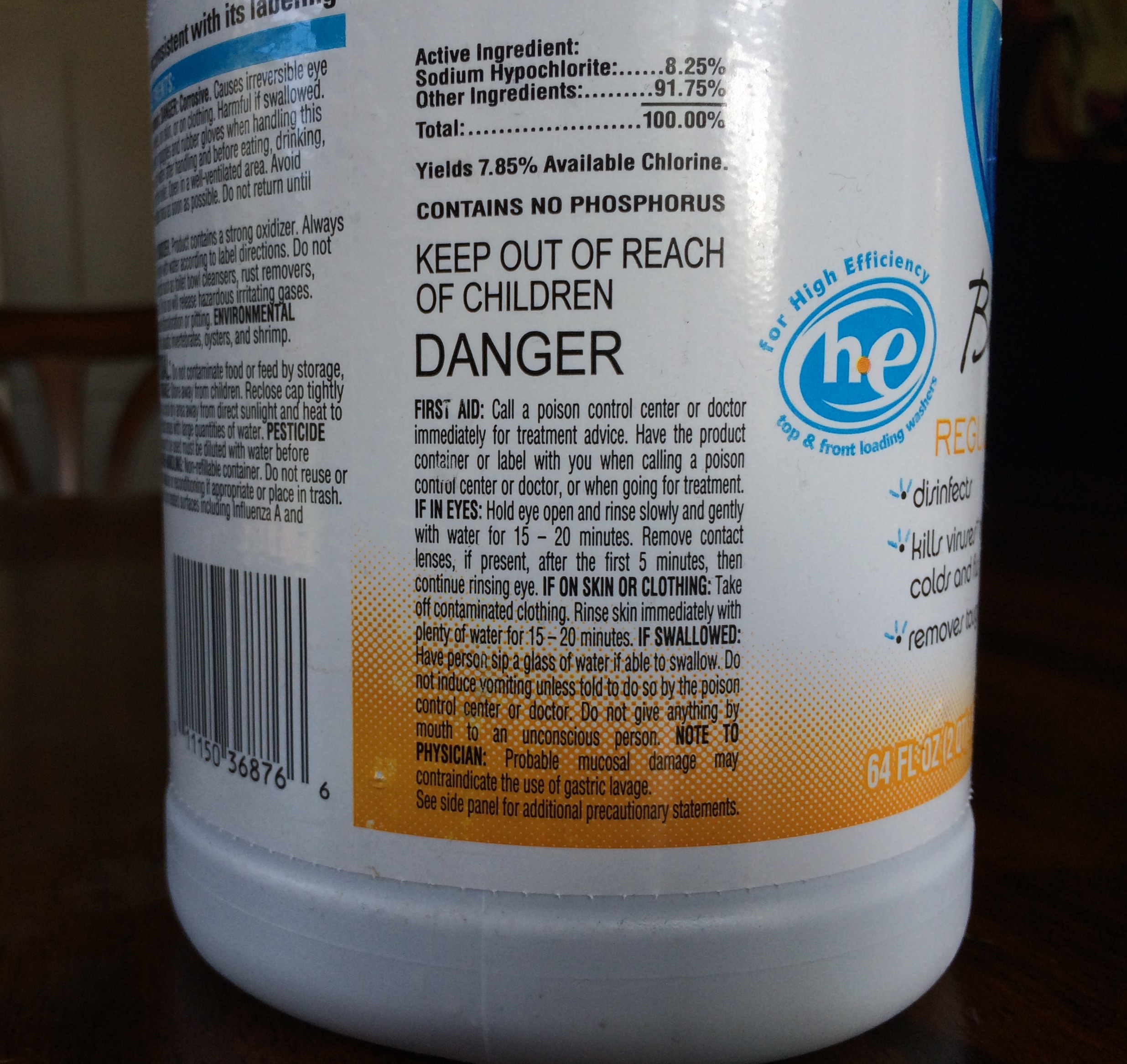 Label on a bleach bottle: sodium hypochlorite